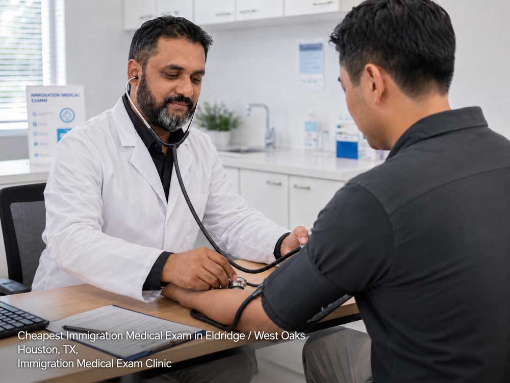 Doctor checks patient blood pressure at the cheapest immigration medical exam Houston clinic in Eldridge West Oaks