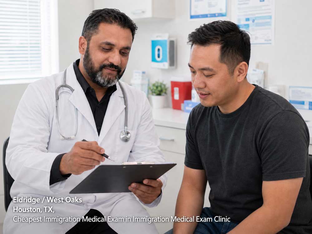 A doctor discusses forms with a patient during the cheapest immigration medical exam Houston offers in Eldridge.