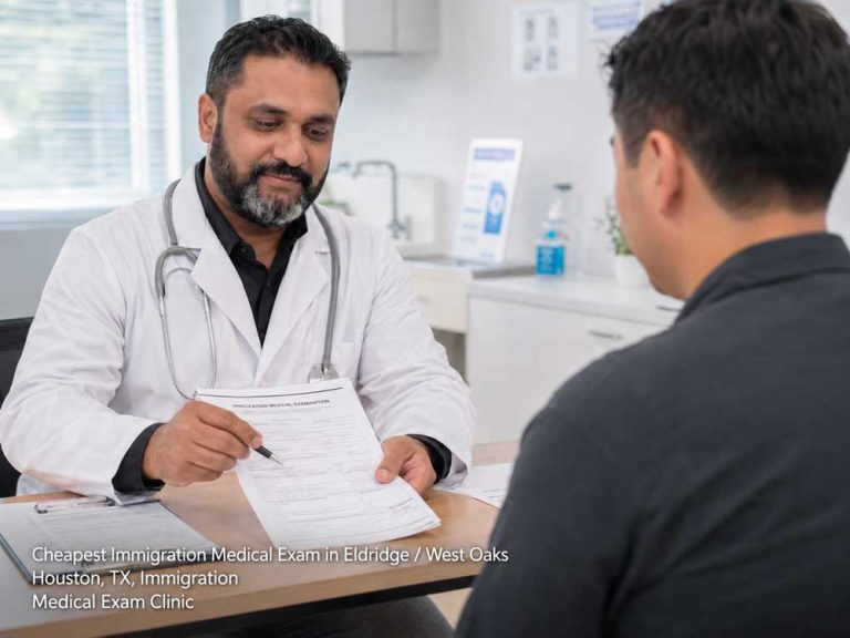 Clinic doctor points to official forms at the cheapest immigration medical exam Houston location in West Oaks.
