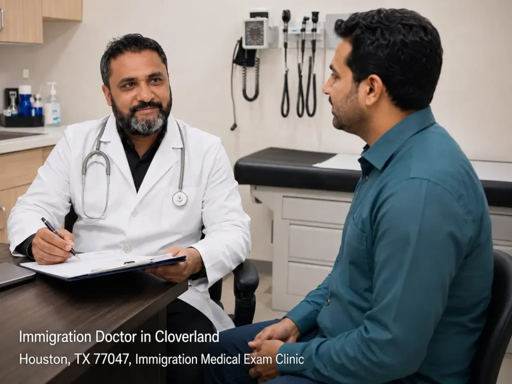 Consultation with an experienced immigration doctor houston reviewing medical paperwork at a Cloverland TX clinic.