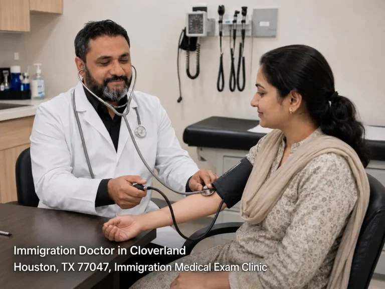 Trusted immigration doctor houston checking blood pressure for a female patient during an immigration medical exam.
