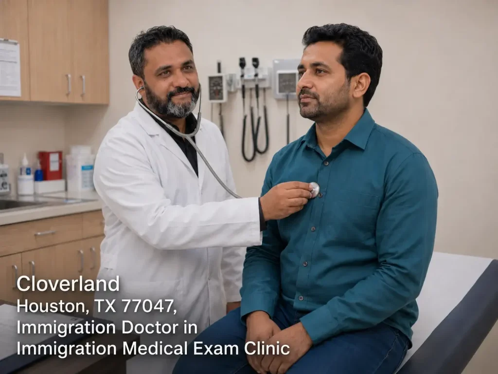 Male patient getting a physical checkup with a stethoscope from an immigration doctor houston in Cloverland clinic.