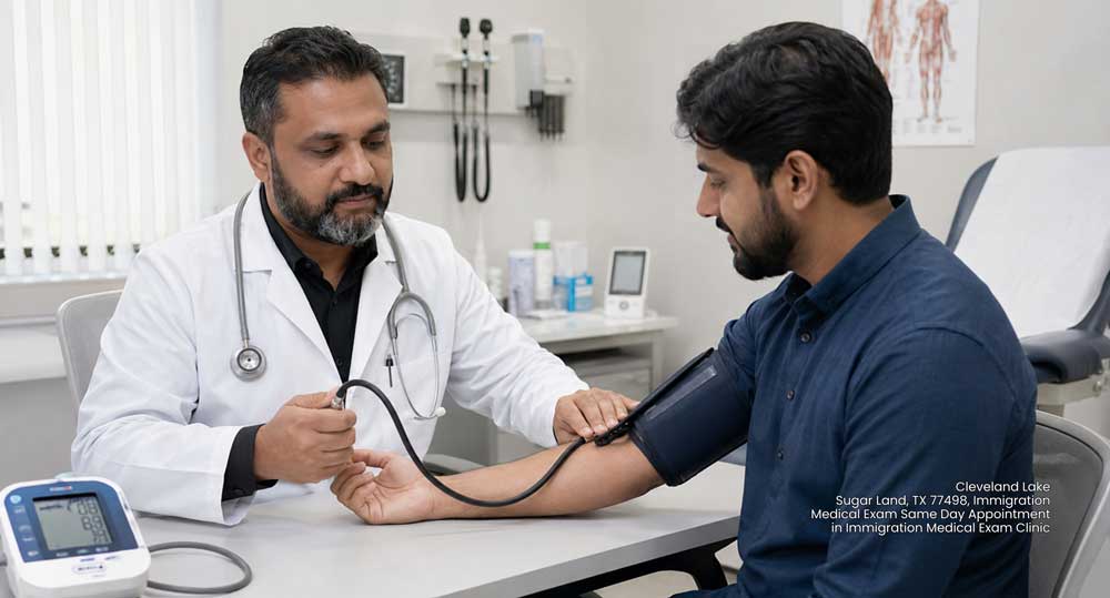 A physician checking blood pressure during an immigration medical exam same day appointment Houston clinic visit.