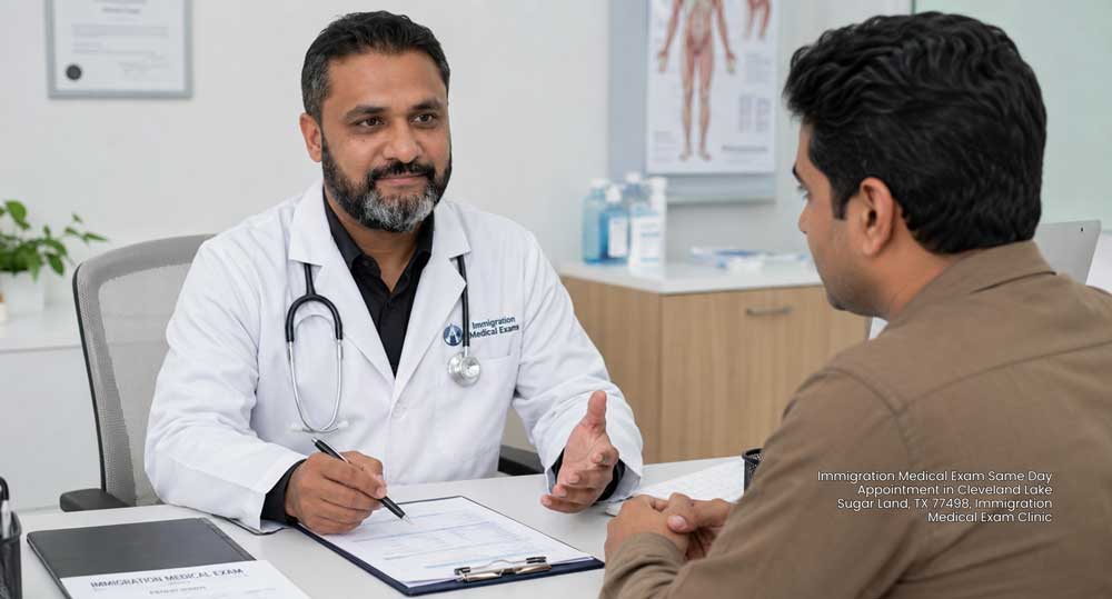 Doctor offering an immigration medical exam same day appointment Houston patients trust for fast clinic consultations.