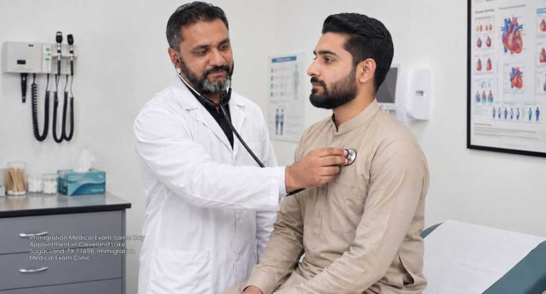 Doctor conducting a physical checkup for an immigration medical exam same day appointment Houston patients book.