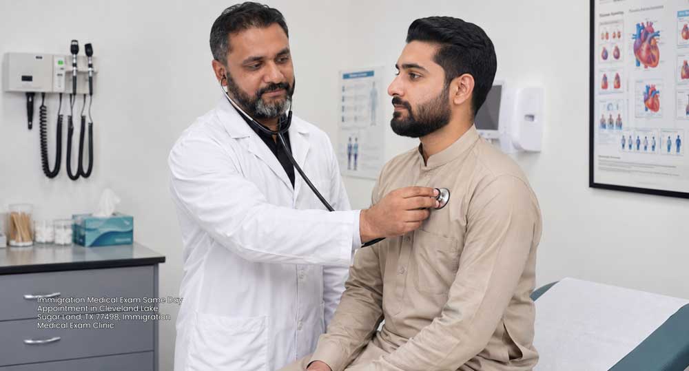 Doctor conducting a physical checkup for an immigration medical exam same day appointment Houston patients book.
