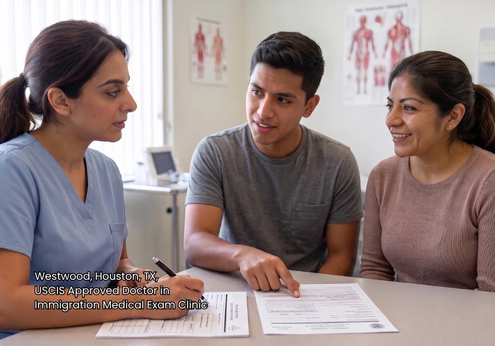 A clinician reviewing official green card paperwork with a young couple via a USCIS approved doctor Houston.