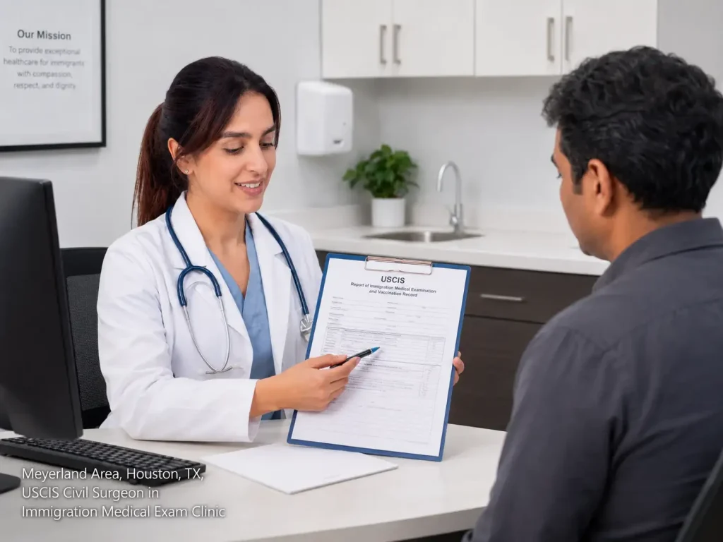 A USCIS civil surgeon in Houston explains the immigration medical exam form to a patient during a consultation. 