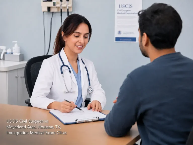 An experienced USCIS civil surgeon in Houston reviews required paperwork with a patient during a medical exam.