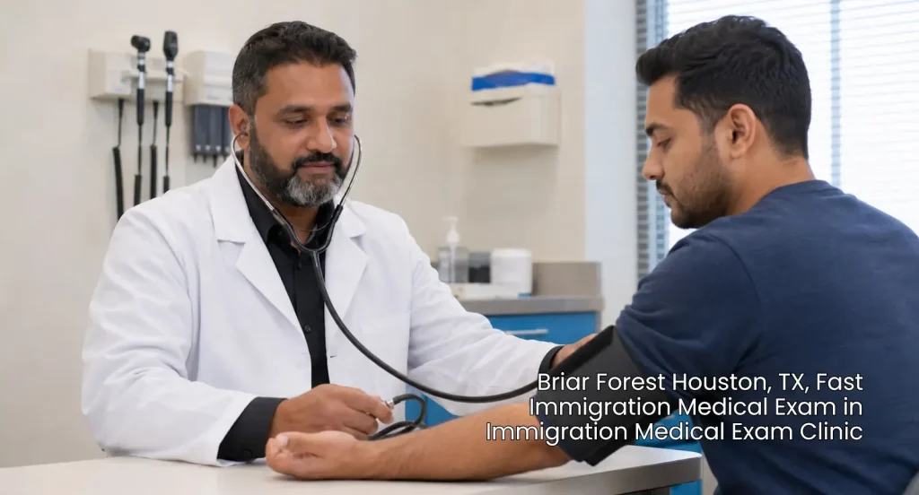 Doctor checking patient blood pressure for a fast immigration medical exam houston clinic near Briar Forest TX.