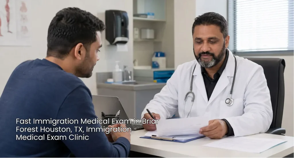Doctor reviewing I-693 paperwork during a fast immigration medical exam houston appointment near Briar Forest TX.