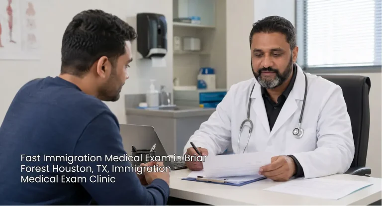 Doctor reviewing I-693 paperwork during a fast immigration medical exam houston appointment near Briar Forest TX.