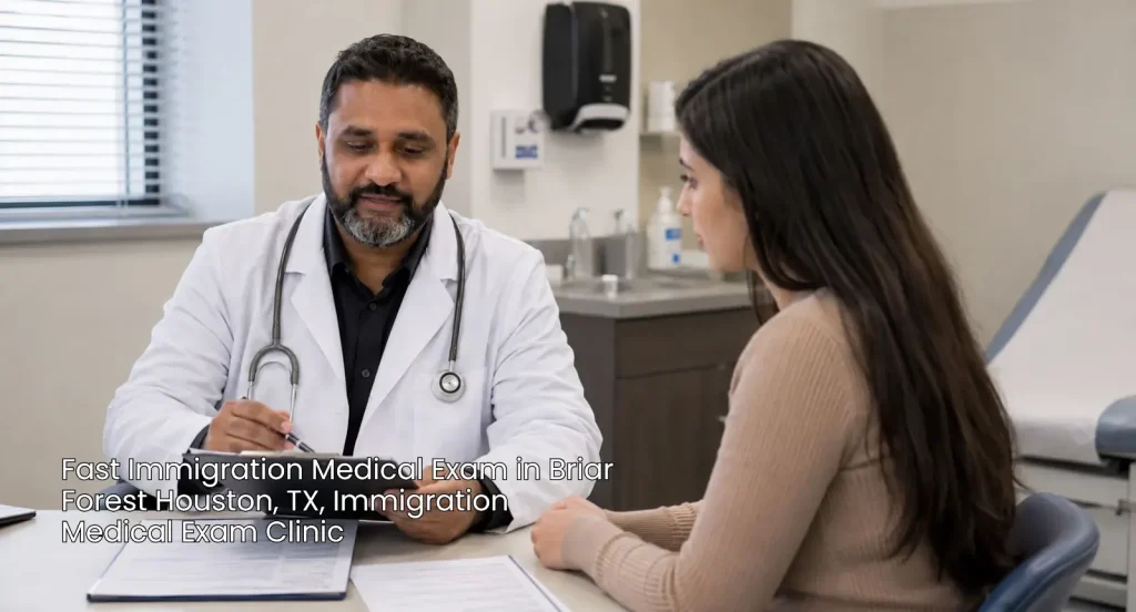 Doctor consulting female patient during a fast immigration medical exam houston visit near Briar Forest TX.
