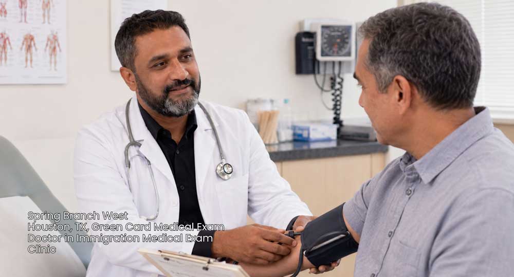 A green card medical exam doctor in Houston checking a patient's blood pressure at a local immigration clinic.