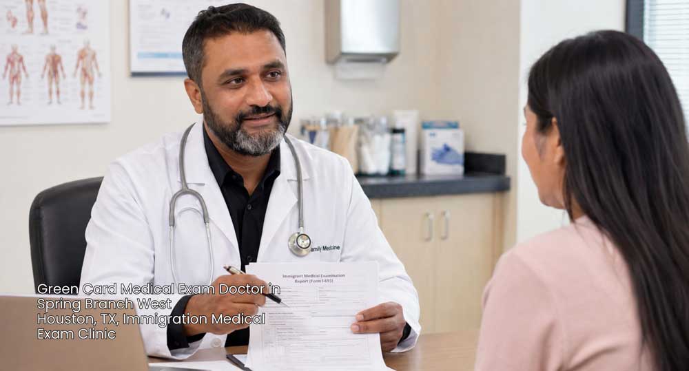 A green card medical exam doctor in Houston reviewing immigration paperwork and form I-693 with a patient.
