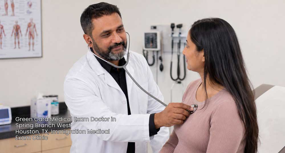 A green card medical exam doctor in Houston using a stethoscope to listen to a patient's heartbeat at a clinic.