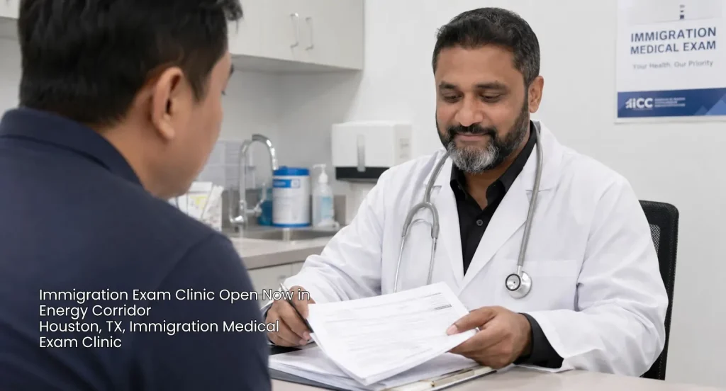 Doctor reviewing documents at an immigration exam clinic open now houston location to prepare patient medical forms.