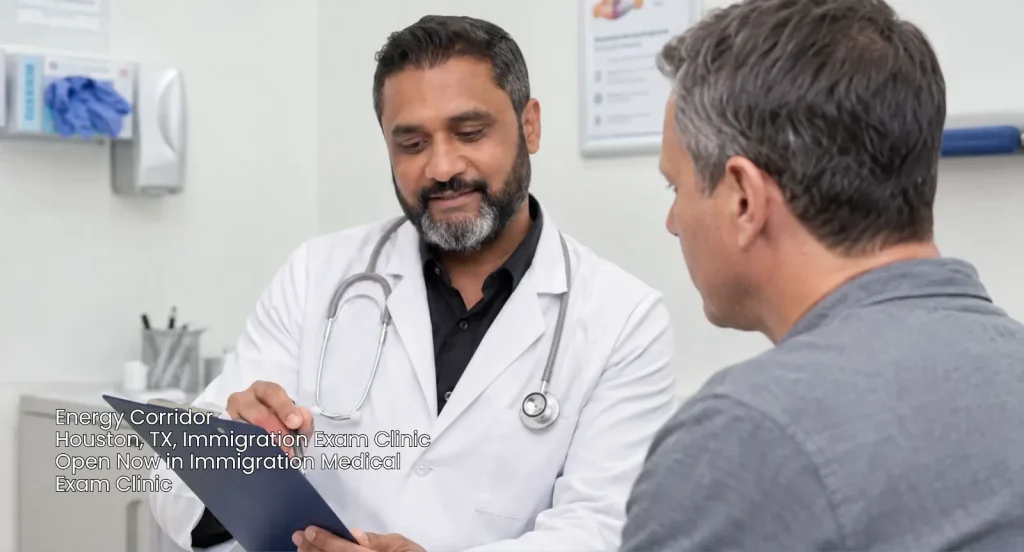 Doctor making notes at an immigration exam clinic open now houston office while consulting with a male patient.