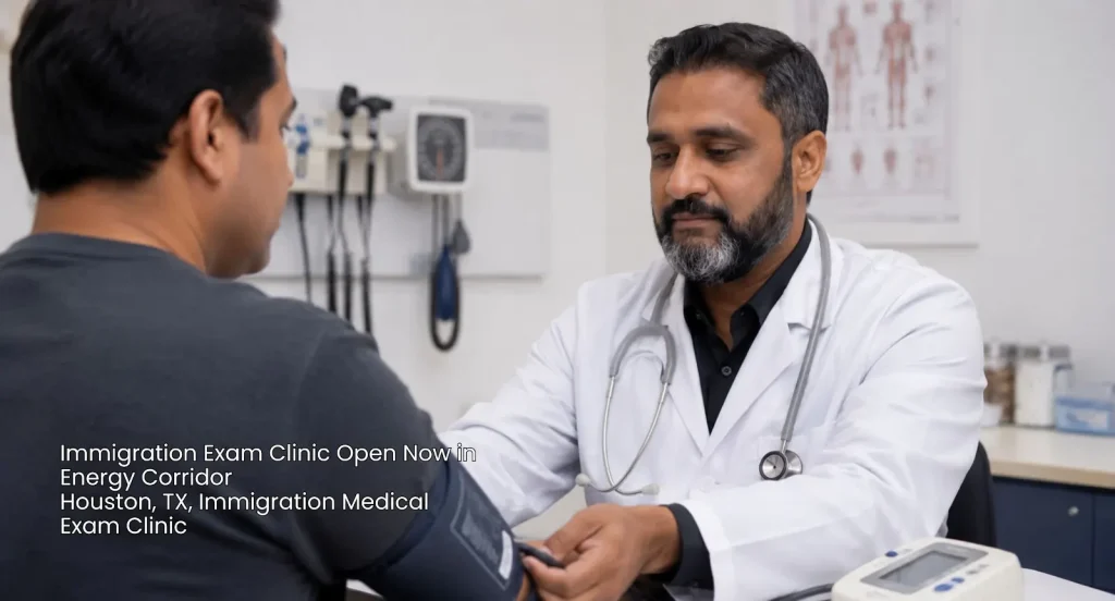 Physician taking blood pressure at an immigration exam clinic open now houston facility during a medical checkup.
