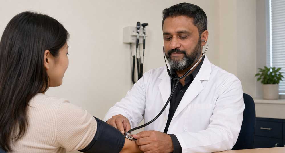 civil surgeon checking blood pressure for a female patient during an immigration medical physical houston exam