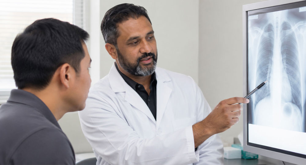 civil surgeon showing chest x-ray results to patient during an immigration medical physical houston appointment