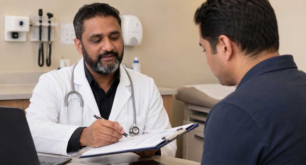 doctor writing notes on clipboard during an immigration medical physical houston consultation with male patient