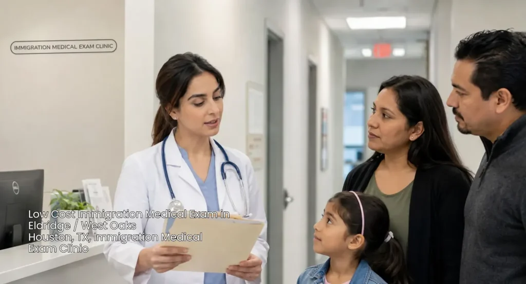 Doctor talking to a mother, father, and child at a low cost immigration medical exam Houston clinic in Eldridge.