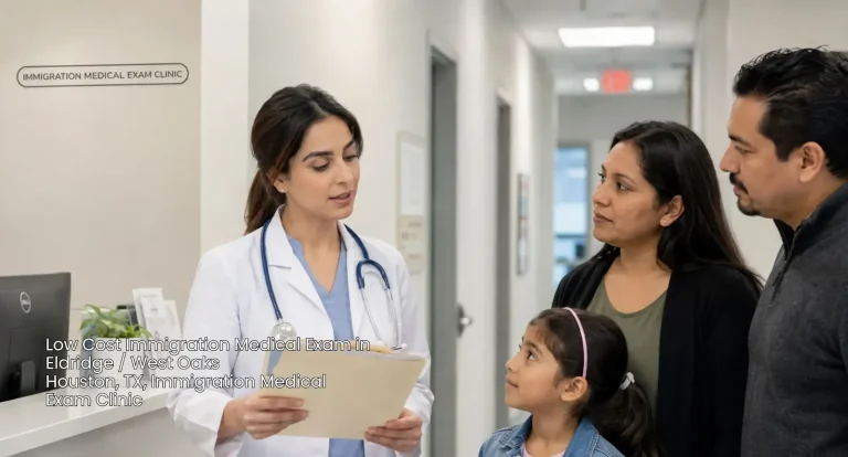 Doctor talking to a mother, father, and child at a low cost immigration medical exam Houston clinic in Eldridge.