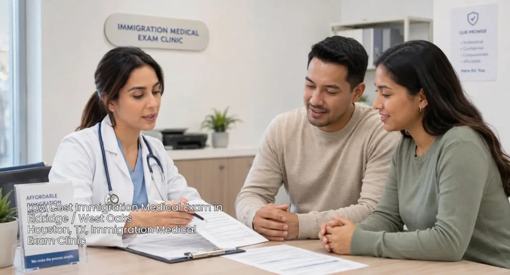 Doctor explaining documents to a family for a low cost immigration medical exam Houston clinic consultation. 
