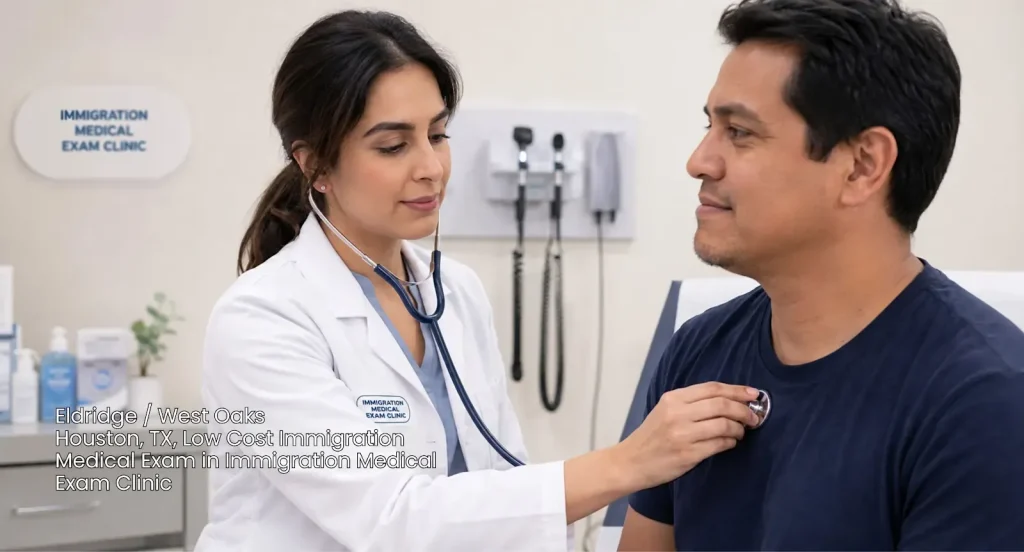 Female doctor examining a patient during a low cost immigration medical exam Houston clinic appointment in TX. 