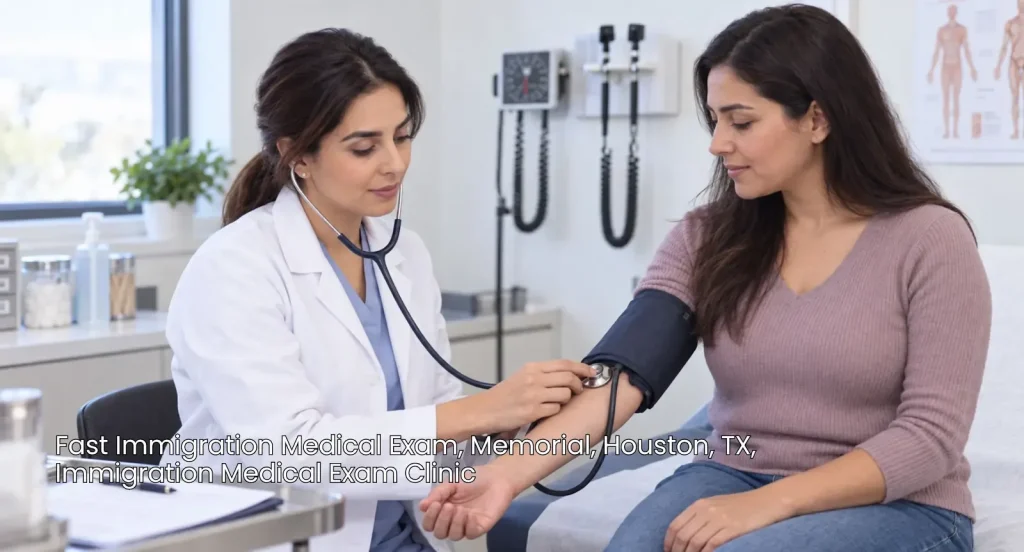 Female doctor checking a patient's blood pressure during a fast immigration medical exam Houston appointment. 