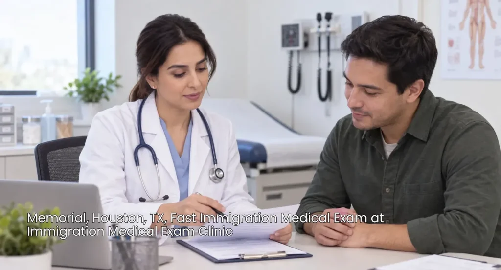 Doctor reviewing paperwork with a patient during a fast immigration medical exam Houston clinic visit. 
