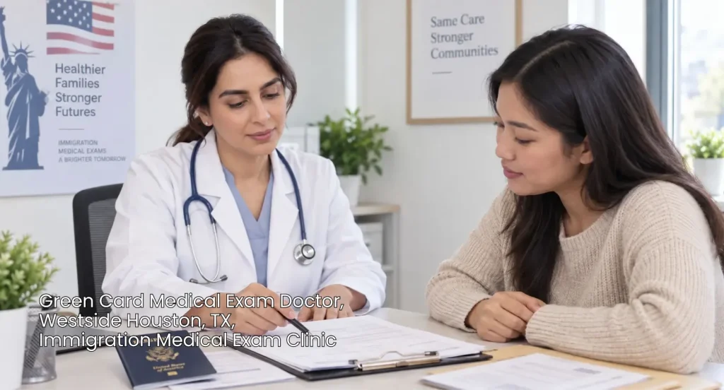Green card medical exam doctor Houston reviewing official immigration medical paperwork with a female patient 