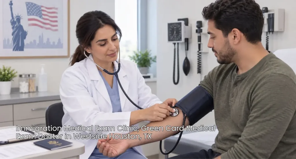 Female green card medical exam doctor Houston checking a male patient's blood pressure during an exam clinic 