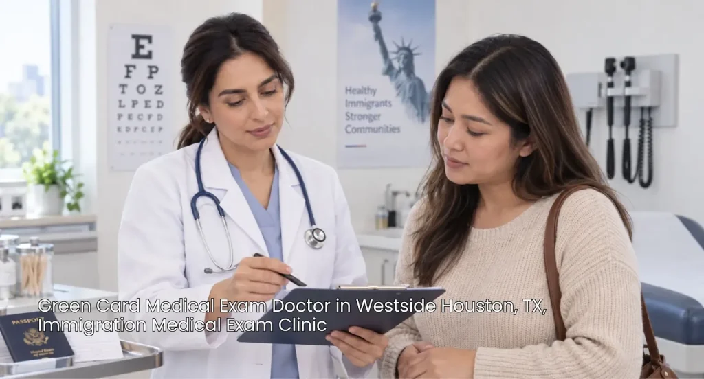 Female green card medical exam doctor Houston going over clip board documents during an immigration checkup