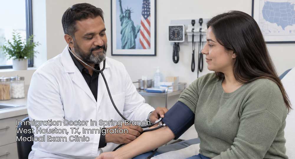 Male immigration doctor houston performing a blood pressure check on a female patient during a medical exam.