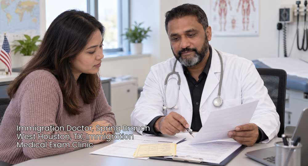 Female patient discussing medical paperwork with a licensed immigration doctor houston during a clinical consultation