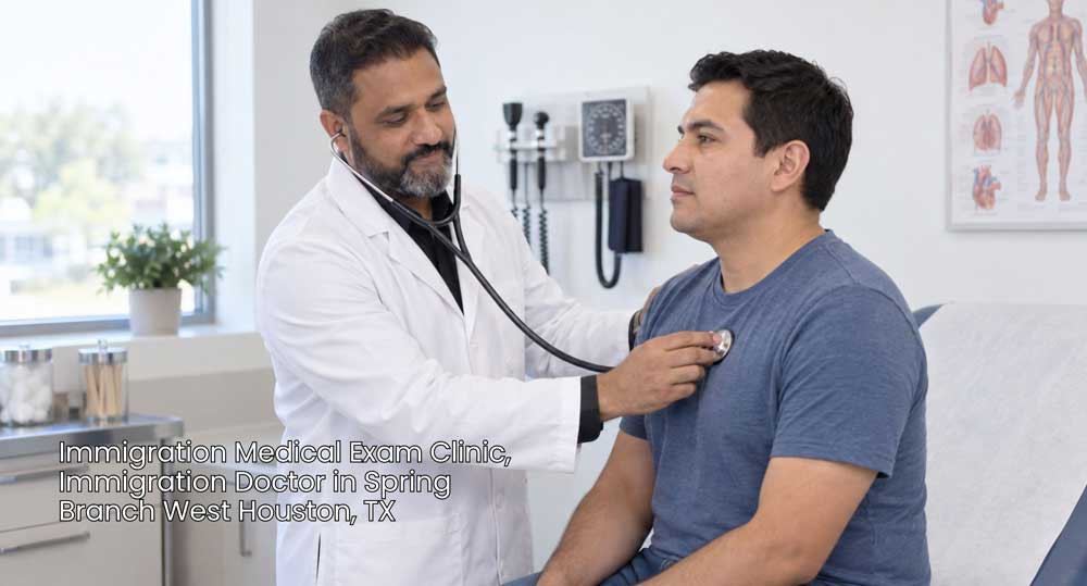 Patient undergoing a physical health assessment with an experienced immigration doctor houston in a clinic exam room.