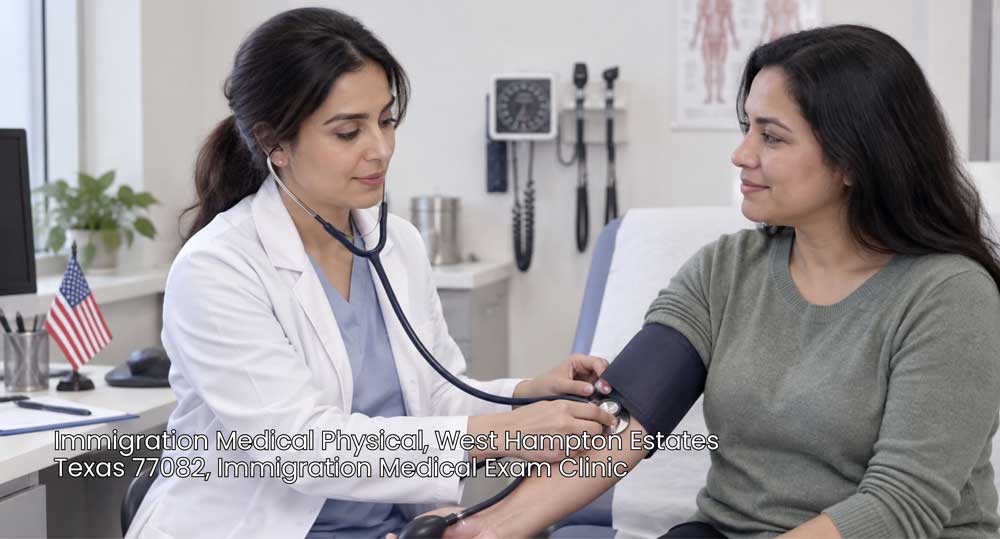 Female doctor taking a patient's blood pressure during a comprehensive immigration medical physical exam consultation.