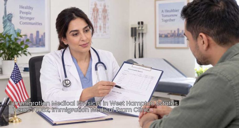 Female doctor presenting immunization records to a patient during an official immigration medical physical exam.