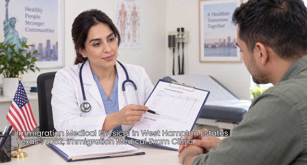 Female doctor presenting immunization records to a patient during an official immigration medical physical exam.