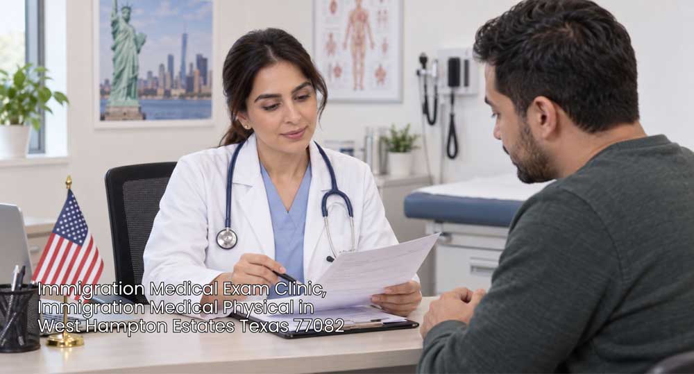 Doctor discussing paperwork with male patient during an immigration medical physical exam in a clinical office setting.