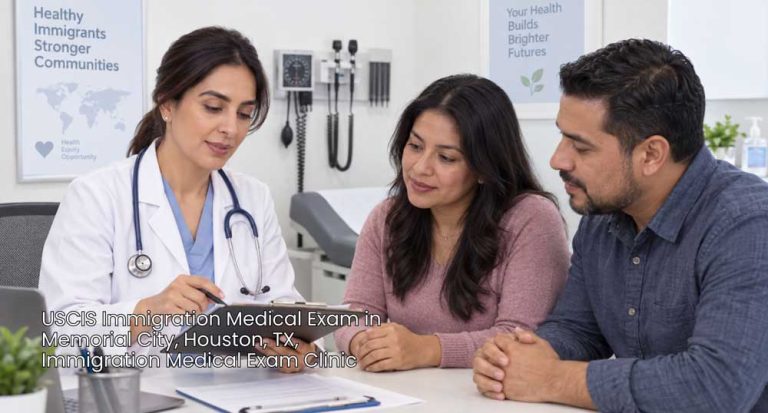 Female doctor going over USCIS immigration medical exam documents with a couple at Houston clinic near Memorial City.