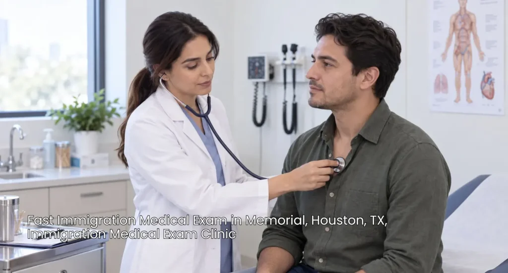 Female doctor checking patient heart with stethoscope for a fast immigration medical exam Houston service.